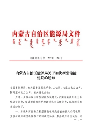 内蒙古自治区能源局关于加快新型储能建设的通知