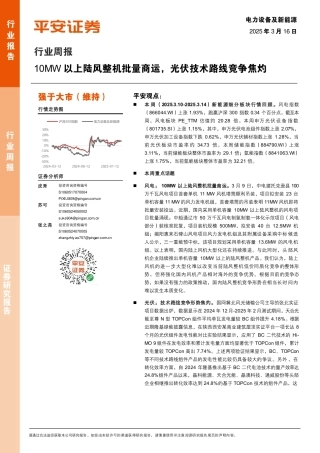 平安证券：行业周报：10MW以上陆风整机批量商运，光伏技术路线竞争焦灼