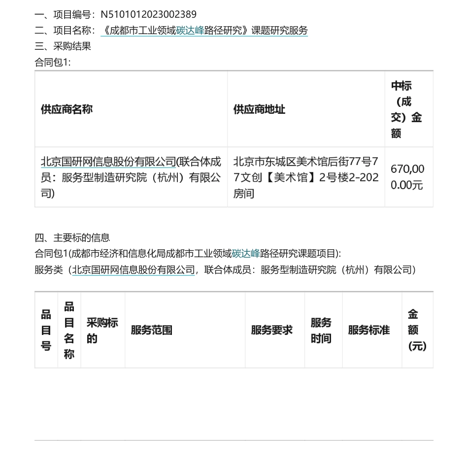 【中标】碳课题67万-《成都市工业领域碳达峰路径研究》课题研究服务竞争性磋商成交公告-北京国研网信息股份有限公司，服务型制造研究院有限公司_第1页