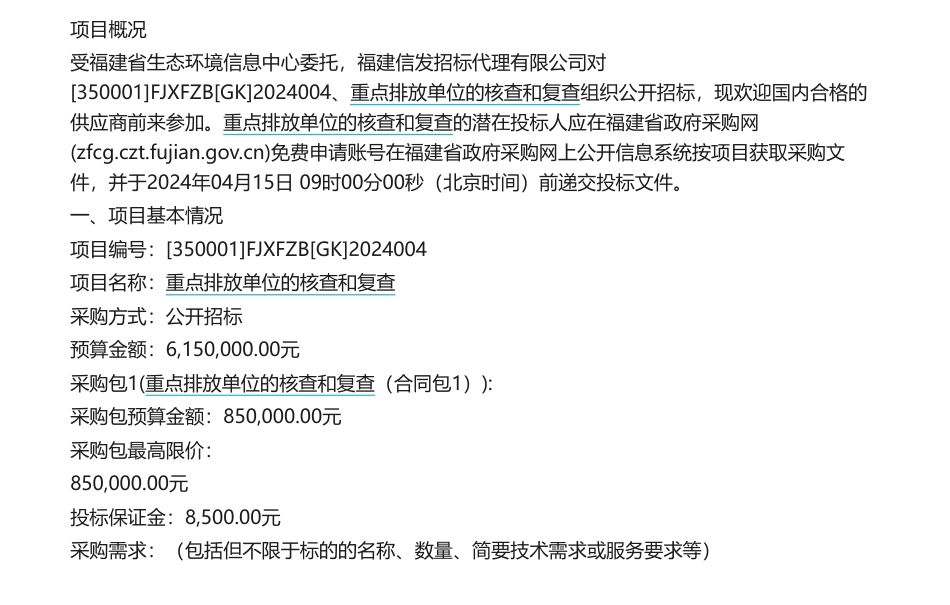 【招标】碳核查615万-福建省重点排放单位的核查和复查公开招标招标公告_第1页