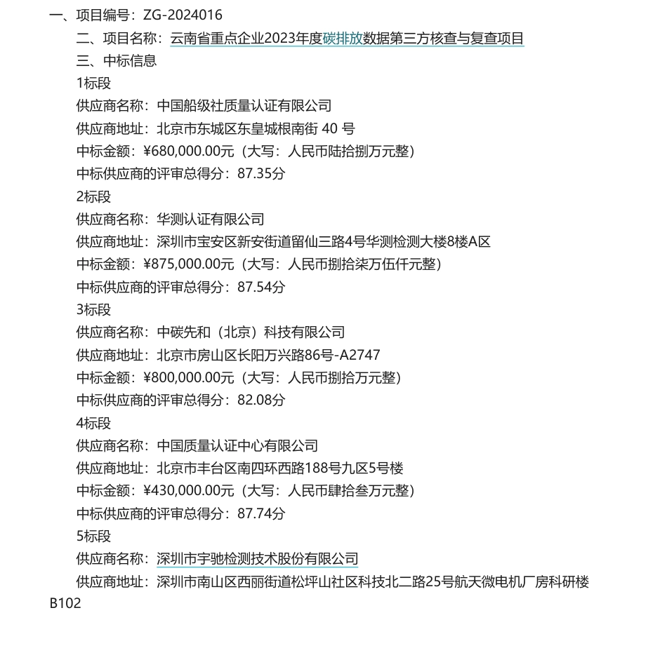 【中标】碳核查395万-云南省重点企业2023年度碳排放数据第三方核查与复查项目-中国船级社质量认证有限公司等_第1页