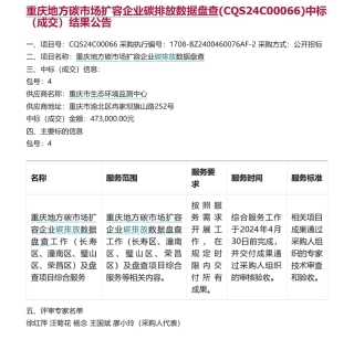 【中标_招标】重庆地方碳市场扩容企业碳排放数据盘查中标（成交）结果公告等碳服务批量信息