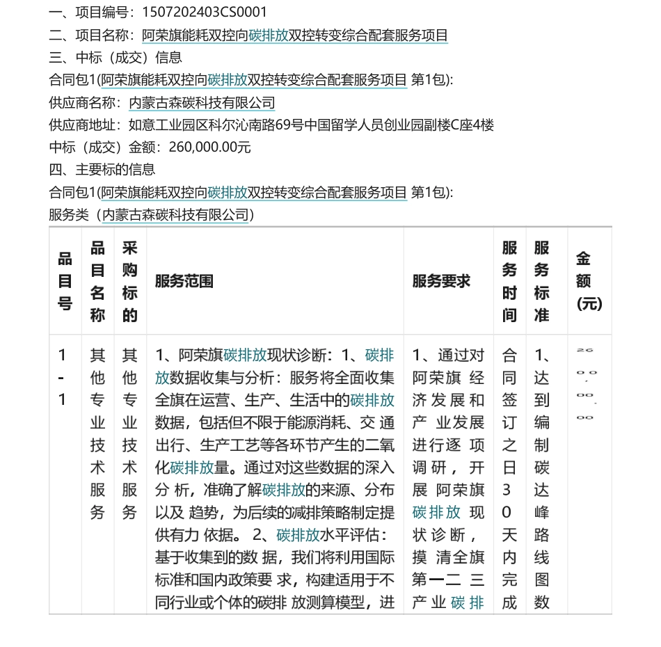 【中标】碳服务26万-阿荣旗能耗双控向碳排放双控转变综合配套服务项目中标（成交）结果公告-内蒙古森碳科技有限公司_第1页