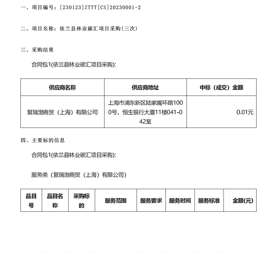 【中标】碳汇-依兰县林业和草原局依兰县林业碳汇项目采购(三次)结果公告-复瑞渤商贸_第1页