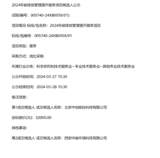 【中标】碳排放-吉林2024年碳排放管理提升服务项目候选人公示-北京中创碳投科技有限公司