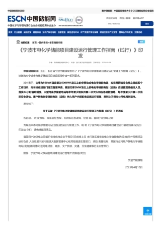 宁波市电化学储能项目建设运行管理工作指南（试行）