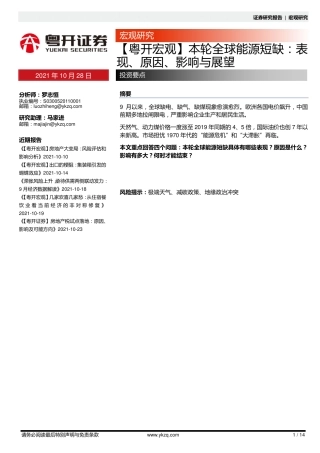 本轮全球能源短缺：表现、原因、影响、展望