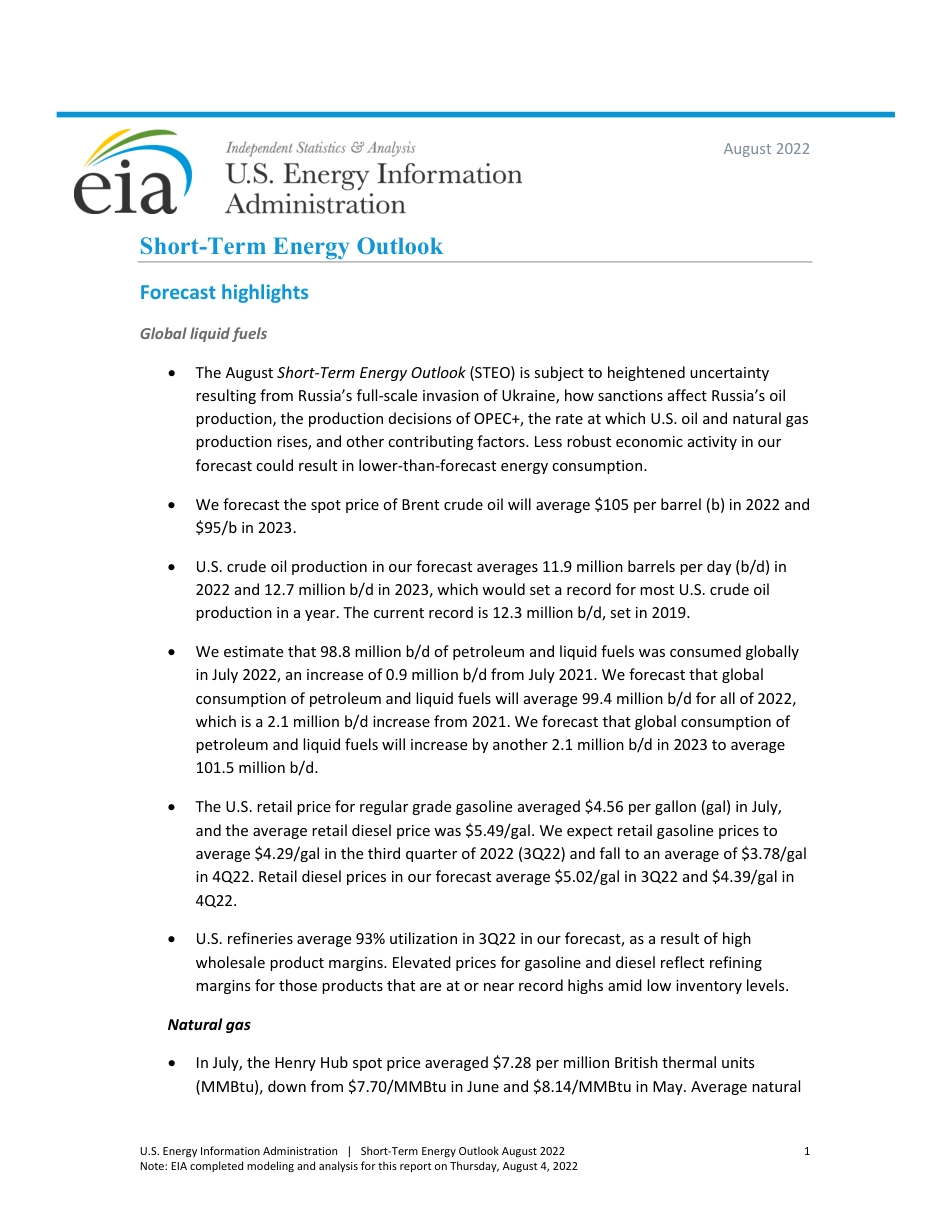 美国短期能源展望报告8月版（英）-EIA-EIA_第1页