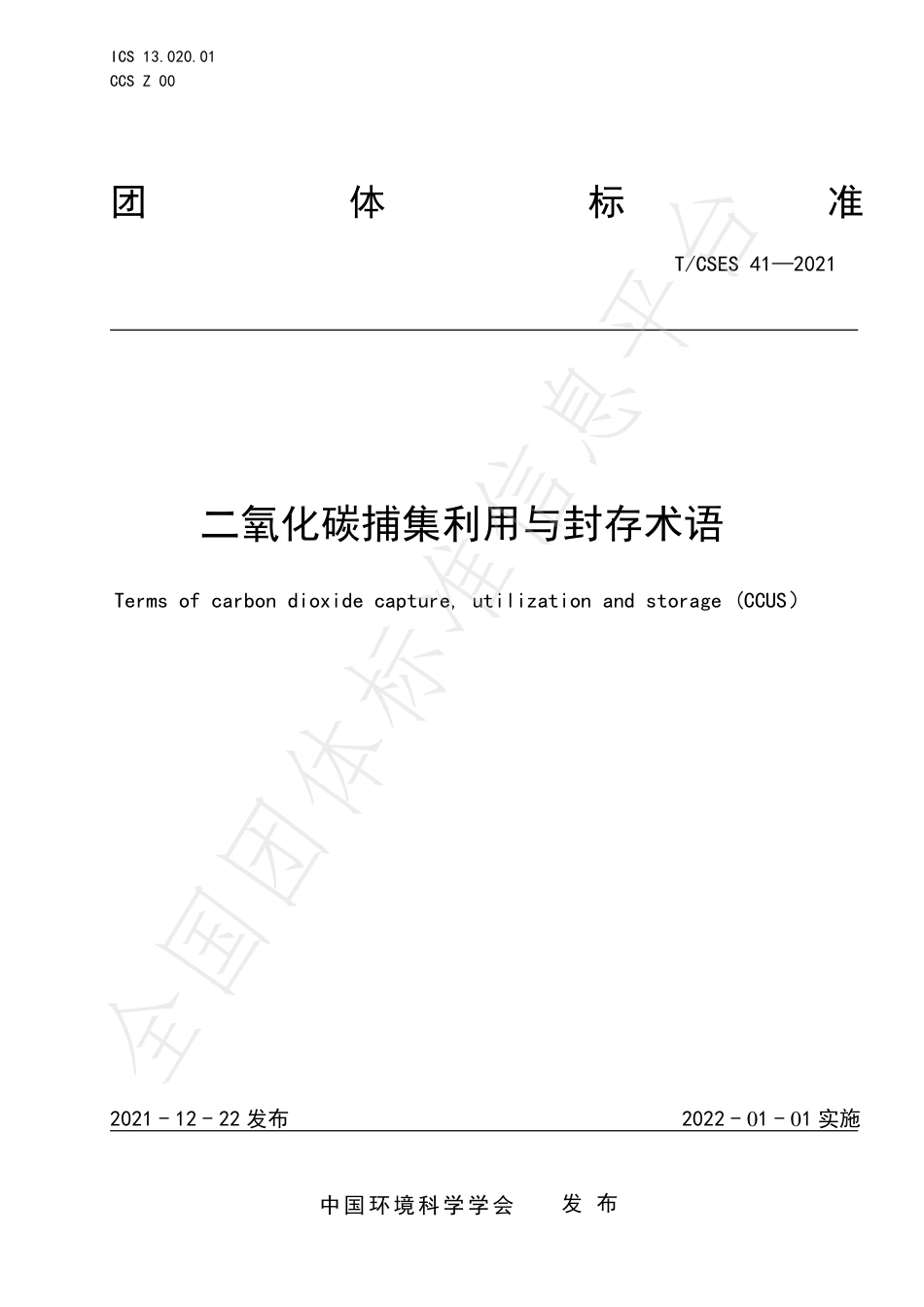 《二氧化碳捕集利用与封存术语》 TCSES 41—2021_第1页
