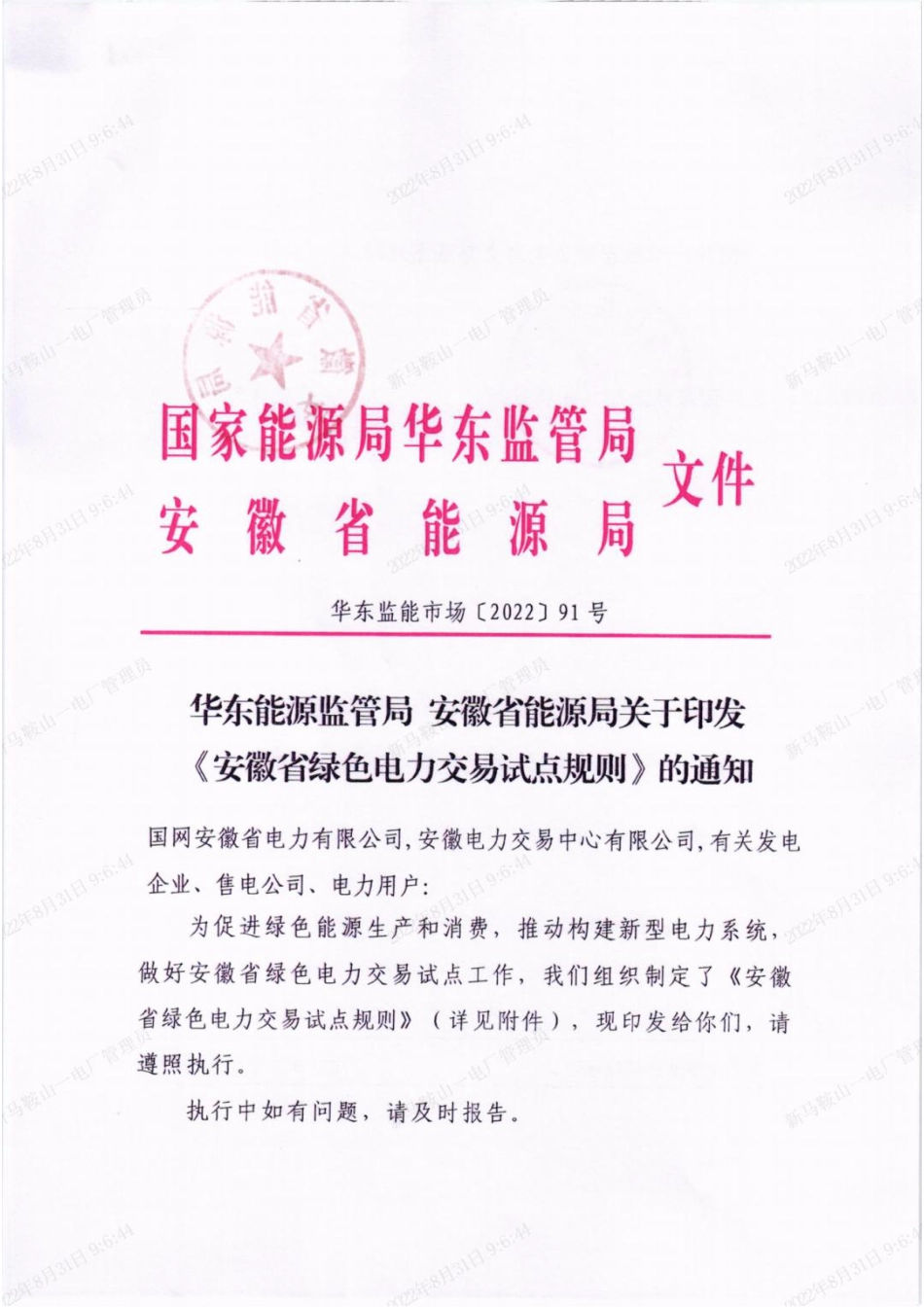 【政策】安徽省绿色电力交易试点规则_第1页