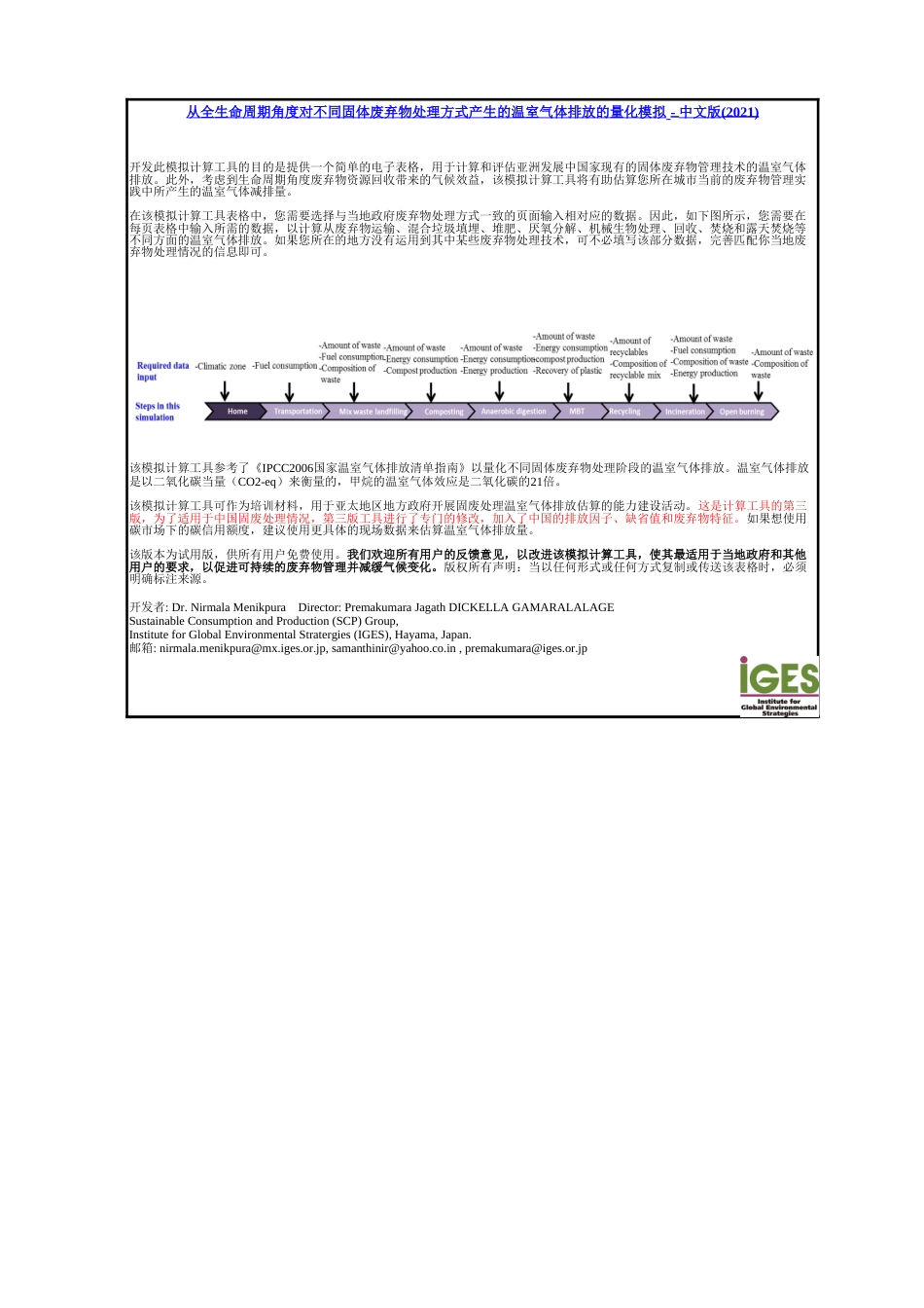 全生命周期城市固体废弃物（MSW）管理温室气体排放估算工具-全球环境战略研究所_第1页