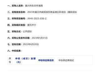 【中标】碳监测39.5万-关于2023年嘉兴市碳排放形势监测分析项目（重新招标）的其他非政府采购结果公告-嘉兴市生态环境局-嘉兴市发展规划研究院