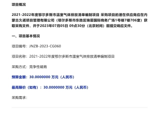 【招标】温气清单30万-2021-2022年度鄂尔多斯市温室气体排放清单编制项目竞争性磋商公告-鄂尔多斯市碳排放技术服务中心
