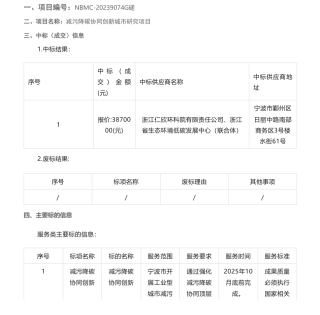 【中标】减污降碳387万-关于减污降碳协同创新城市研究项目中标(成交)结果公告-宁波市生态环境局-浙江仁欣环科院有限责任公司、浙江省生态环境低碳发展中心（联合体）
