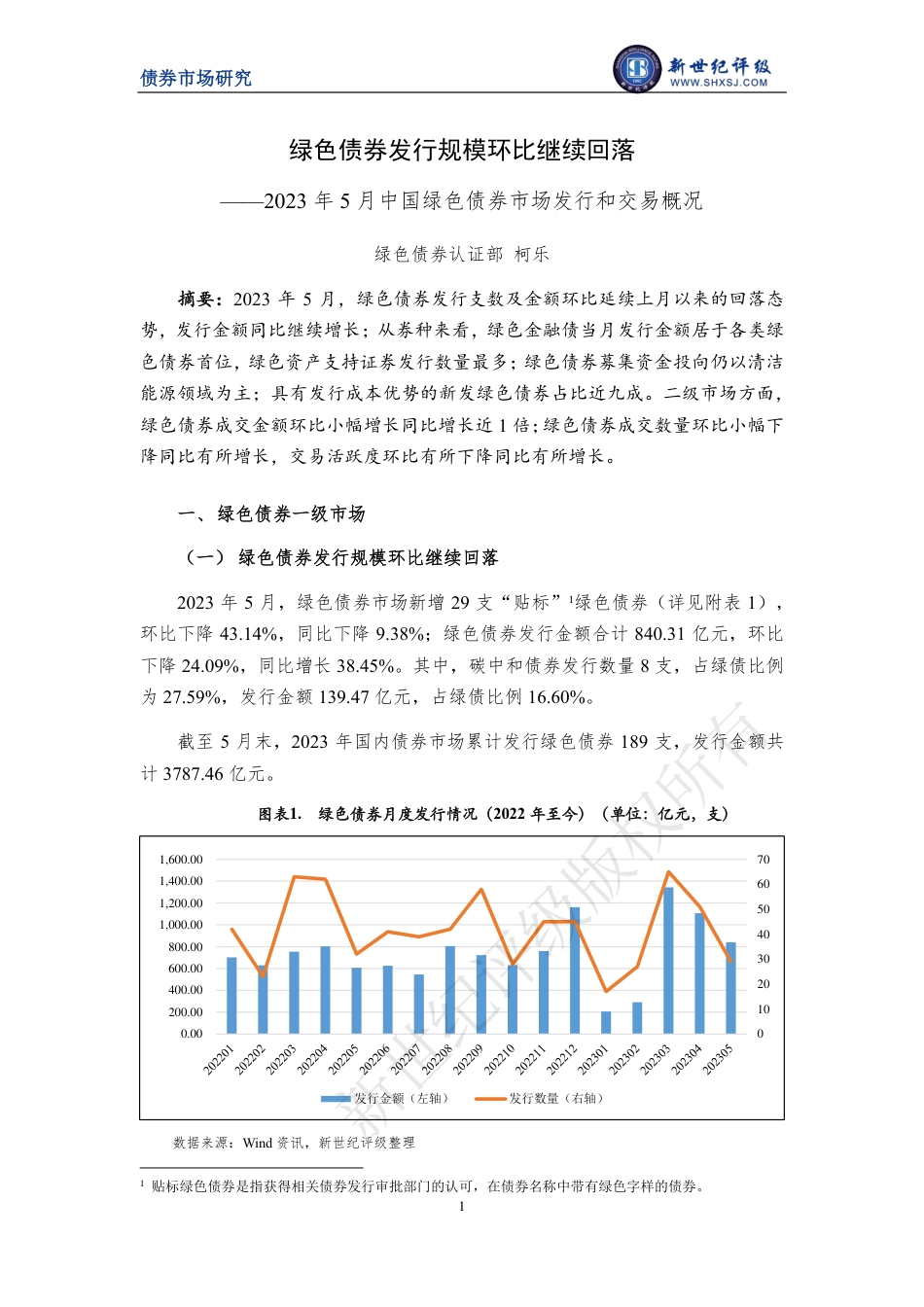 新世纪评级-绿色债券发行规模环比继续回落——2023年5月中国绿色债券市场发行和交易概况-8页_第1页