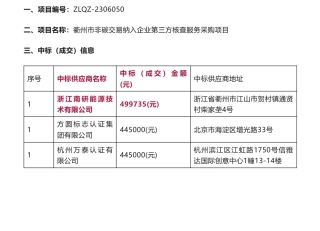 【中标】碳核查49.9735万-衢州市非碳交易纳入企业第三方核查服务采购项目中标(成交)结果公告-浙江南研能源技术有限公司