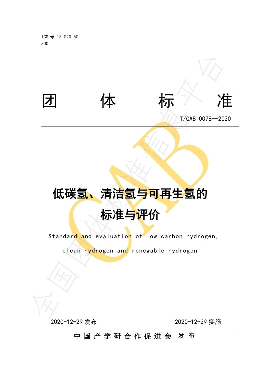 TCAB 0078-2020低碳氢、清洁氢与可再生能源氢的标准与评价_第1页