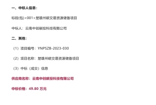 【中标】碳交易49.8万-楚雄州碳交易资源储备项目成交结果公告-云南中创碳投科技有限公司