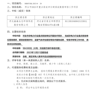 【中标】碳排放98.43万-邢台市2023年重点排放单位碳排放数据审核工作项目中标公告-河北晶淼生态环保科技股份有限公司