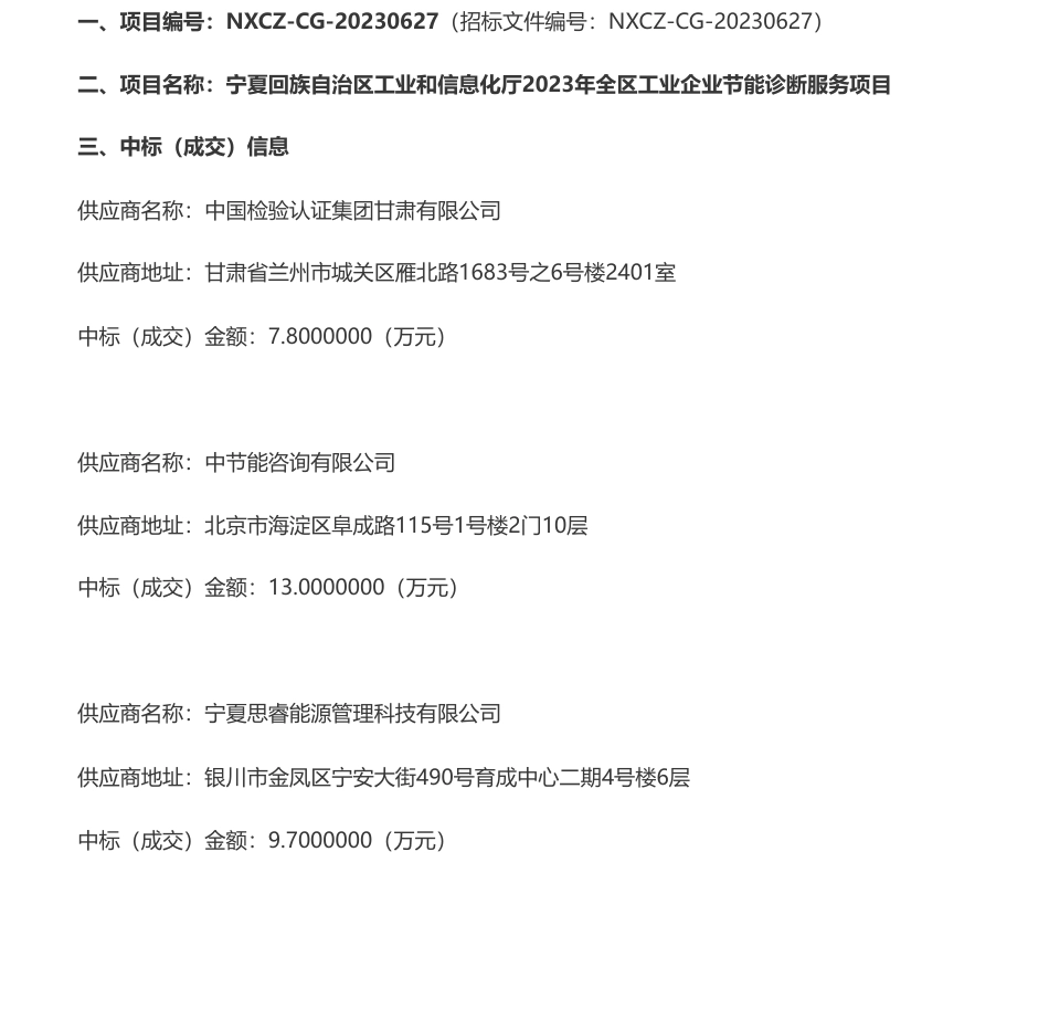 【中标】节能诊断49.3万-宁夏回族自治区2023年全区工业企业节能诊断服务项目成交公告-中国检验认证集团甘肃有限公司等5家企业_第1页