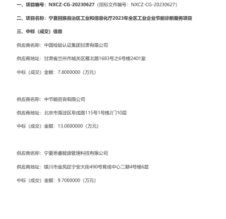 【中标】节能诊断49.3万-宁夏回族自治区2023年全区工业企业节能诊断服务项目成交公告-中国检验认证集团甘肃有限公司等5家企业