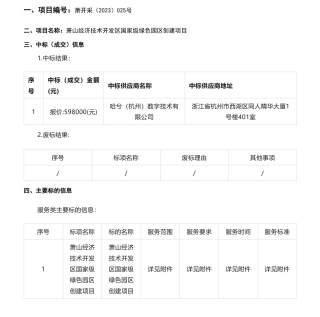 【中标】绿色制造59.8万-萧山经济技术开发区国家级绿色园区创建项目中标(成交)结果公告-哈兮（杭州）数字技术有限公司