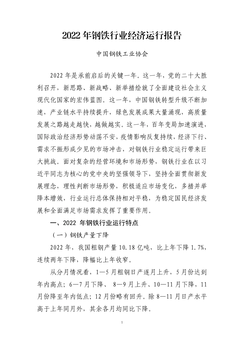 2022年钢铁行业经济运行报告_第1页