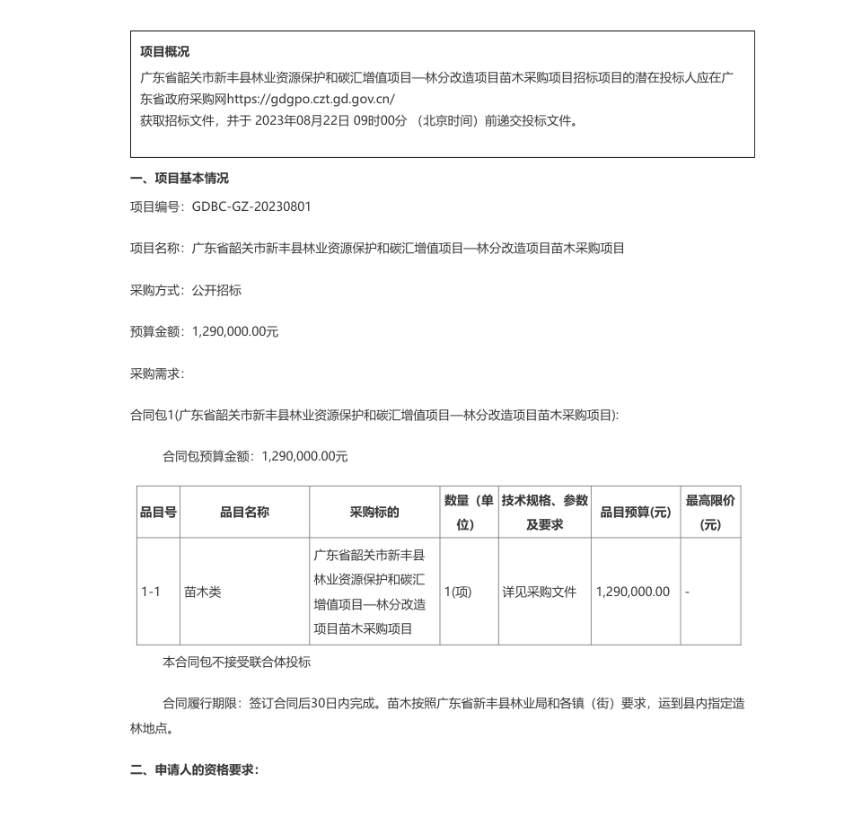 【招标】碳汇129万-广东省韶关市新丰县林业资源保护和碳汇增值项目—林分改造项目苗木采购项目招标公告_第1页