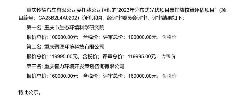【中标】碳核算10万-2023年分布式光伏项目碳排放核算评估项目询比采购结果公示-重庆市生态环境科学研究院_第1页