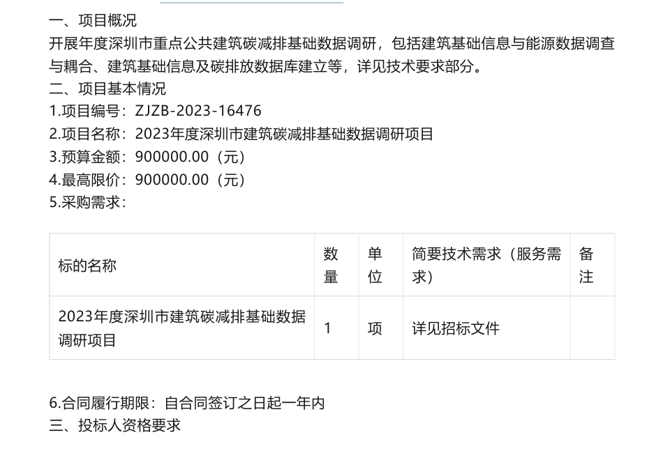 【招标】碳减排90万-2023年深圳市建筑碳减排基础数据调研项目招标公告_第1页