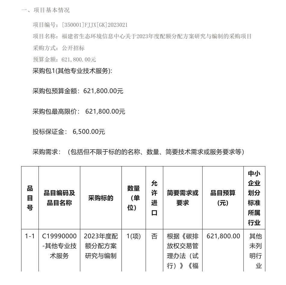 【招标】碳配额65.18万-福建省生态环境信息中心关于2023年度配额分配方案研究与编制的采购项目公开招标招标公告_第1页
