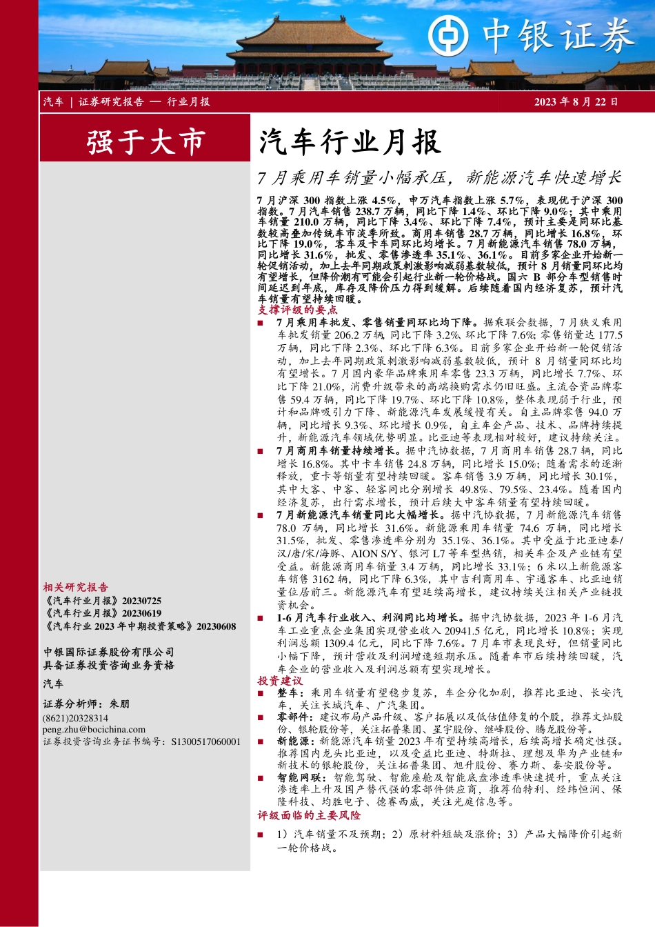中银国际：7月乘用车销量小幅承压，新能源汽车快速增长_第1页