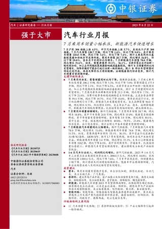 中银国际：7月乘用车销量小幅承压，新能源汽车快速增长
