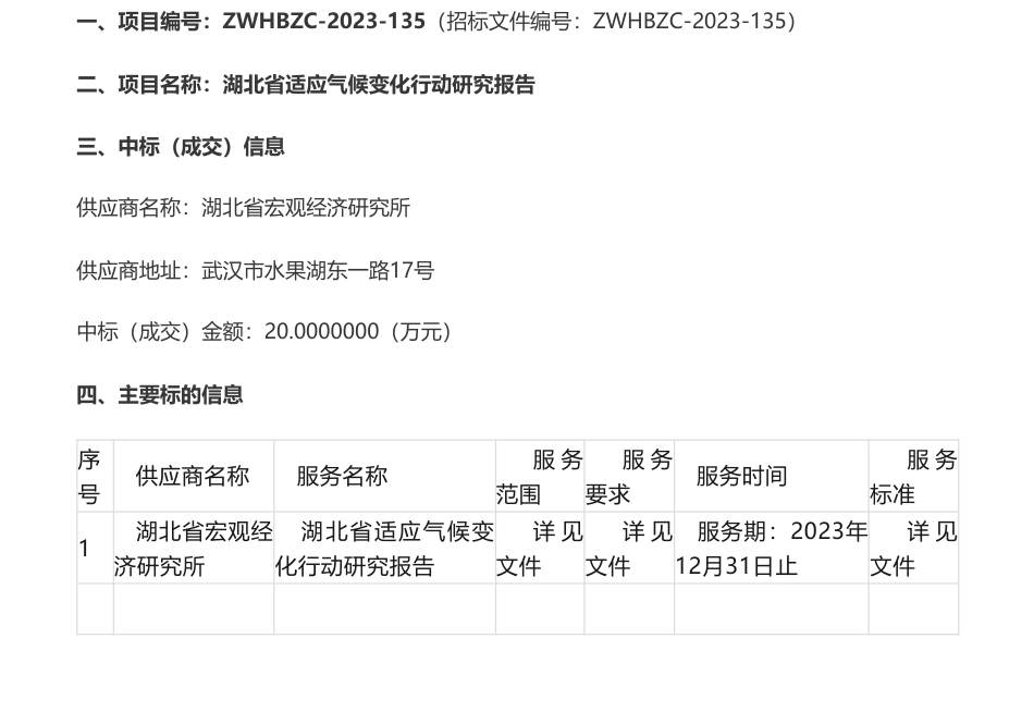 【中标】气候变化20万-武汉区域气候中心湖北省适应气候变化行动研究报告成交公告-湖北省宏观经济研究所_第1页