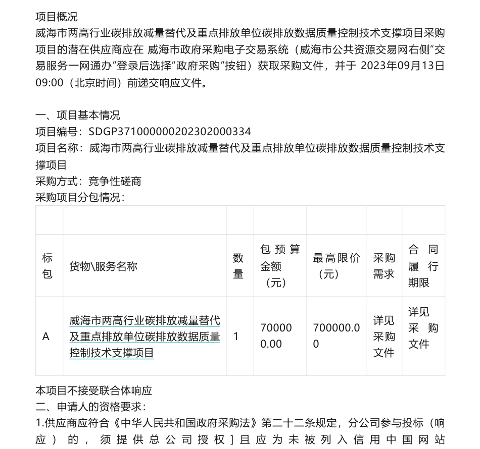 【招标】碳排放70万-威海市两高行业碳排放减量替代及重点排放单位碳排放数据质量控制技术支撑项目竞争性磋商采购公告_第1页