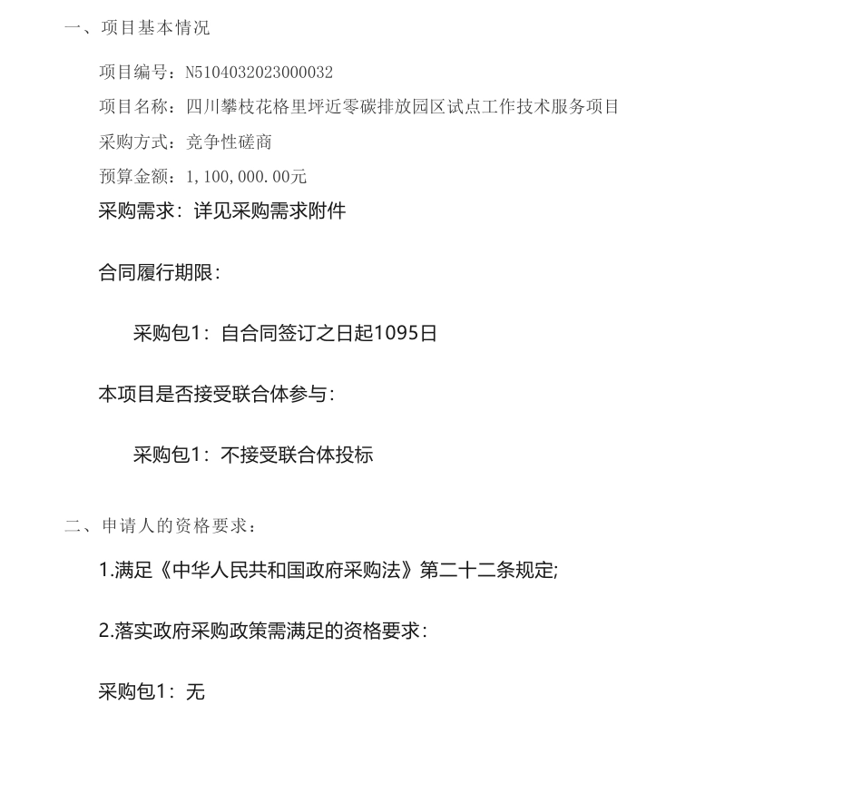 【招标】碳咨询110万-四川攀枝花格里坪近零碳排放园区试点工作技术服务项目竞争性磋商采购公告_第1页