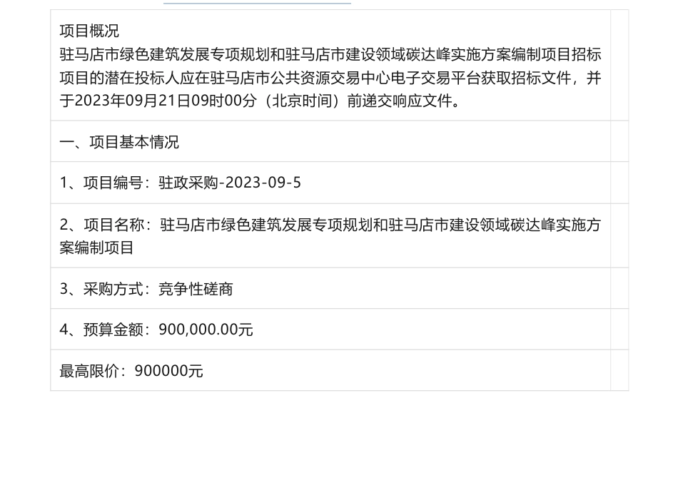 【招标】碳方案90万-驻马店市绿色建筑发展专项规划和驻马店市建设领域碳达峰实施方案编制项目竞争性磋商公告竞争性磋商公告_第1页