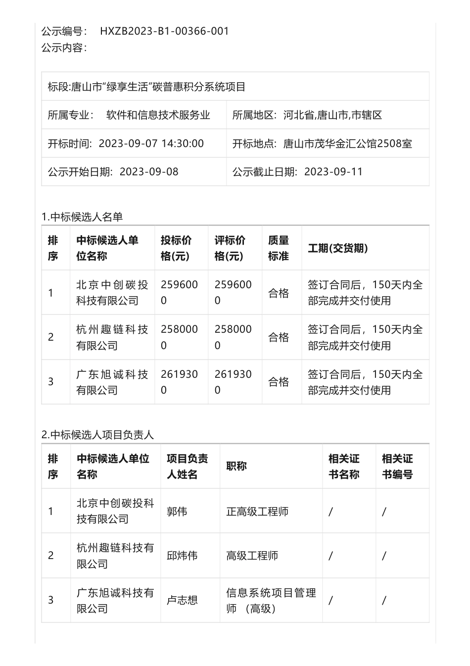 【中标】碳汇259万-唐山市“绿享生活”碳普惠积分系统项目中标候选人公示_第2页
