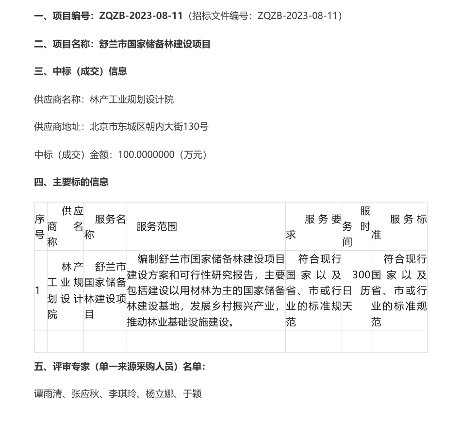 【中标】碳汇100万-舒兰市碳汇开发有限公司舒兰市国家储备林建设项目中标公告-林产工业规划设计院_第1页