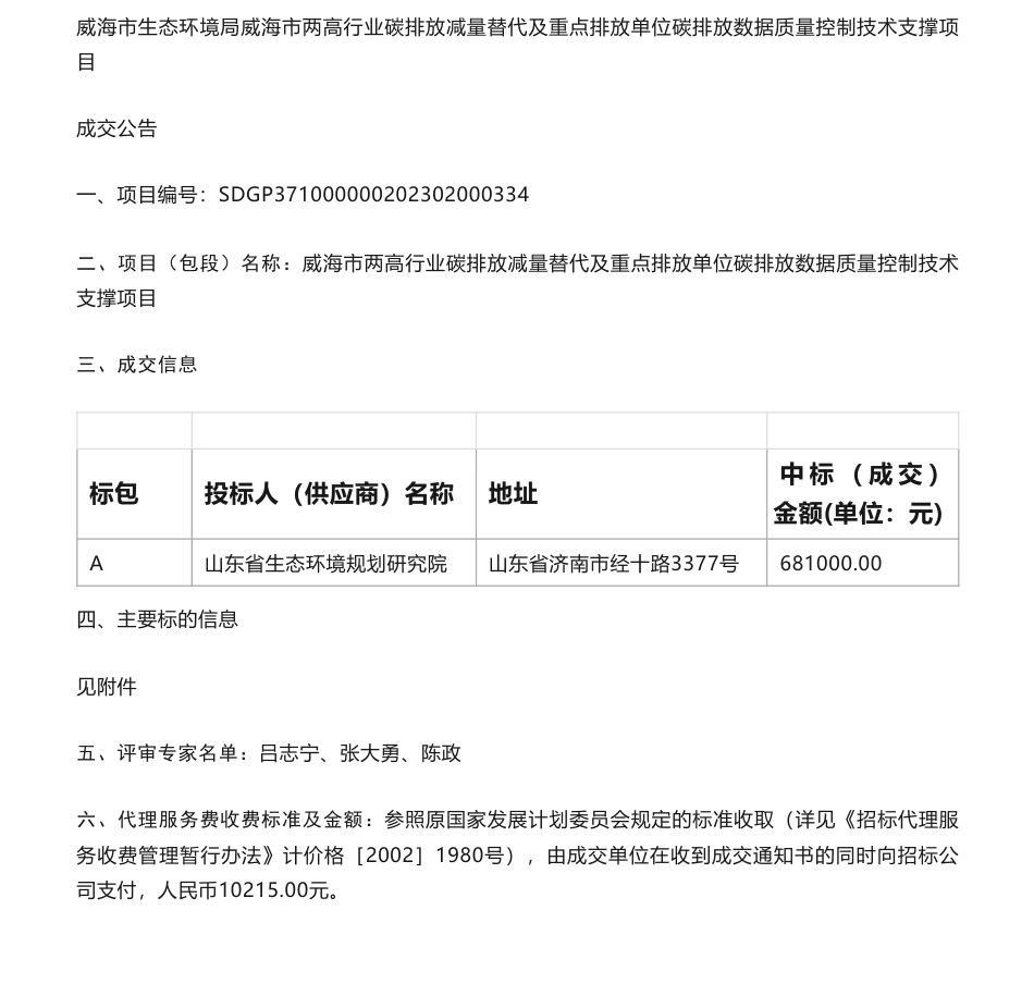 【中标】碳咨询68.1万-威海市两高行业碳排放减量替代及重点排放单位碳排放数据质量控制技术支撑项目竞争性磋商成交结果公告-山东省生态环境规划研究院_第1页