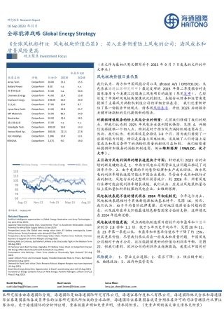 海通国际：《全球风机标杆II，风电板块价值凸显》，买入业务侧重陆上风电的公司，海风成本和质量风险更高