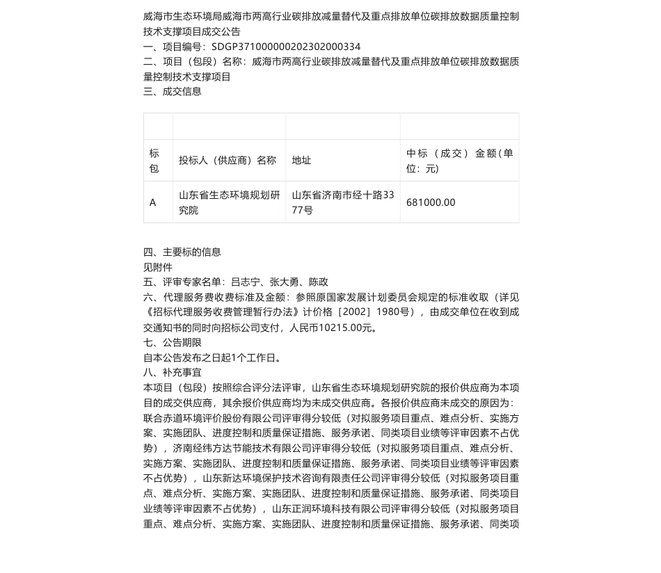 【中标】碳排放68.1万-威海市两高行业碳排放减量替代及重点排放单位碳排放数据质量控制技术支撑项目竞争性磋商采购公告竞争性磋商成交结果公告-山东省生态环境规划研究院_第1页