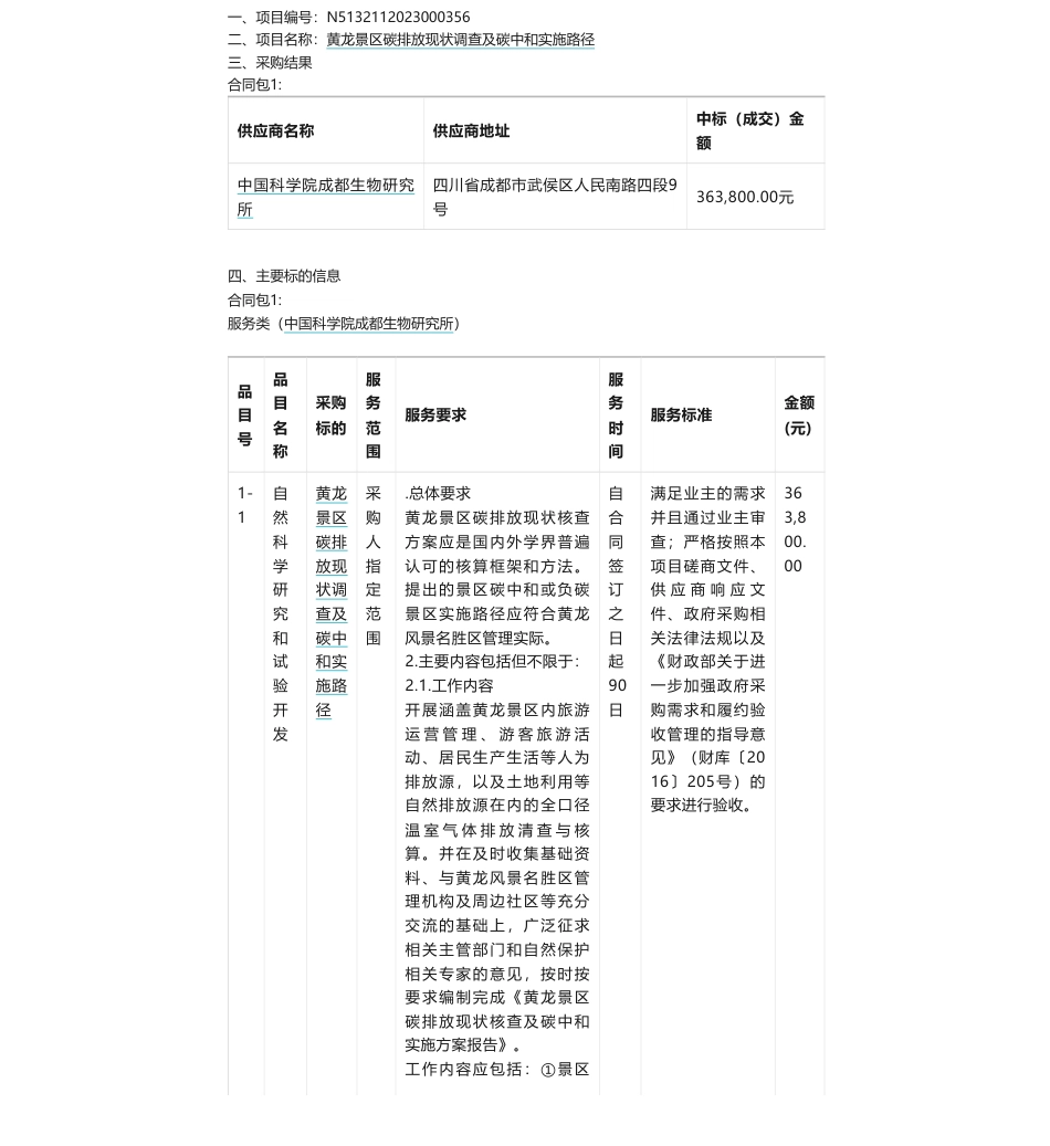 【中标】碳排放36.38万-黄龙国家级风景名胜区管理局黄龙景区碳排放现状调查及碳中和实施路径中标（成交）结果公告-中国科学院成都生物研究所_第1页