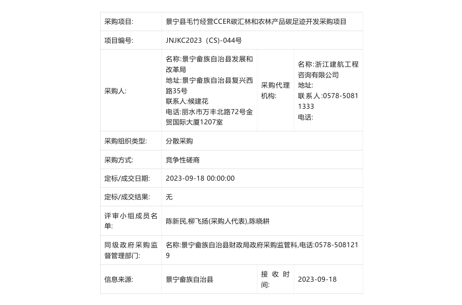 【中标】碳汇-关于景宁县毛竹经营CCER碳汇林和农林产品碳足迹开发采购项目的竞争性磋商公告中标(成交)结果公告-景宁畲族自治县发展和改革局_第1页