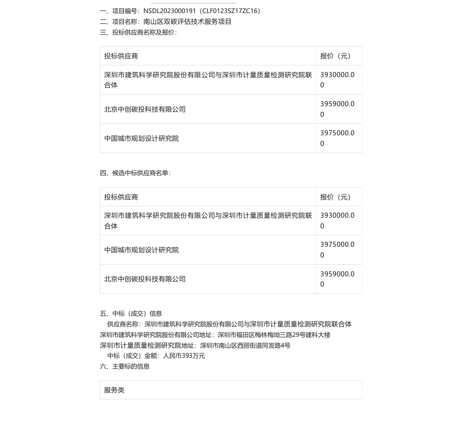 【中标】碳服务393万-深圳市生态环境局南山管理局南山区双碳评估技术服务项目中标（成交）结果公示-深圳市建筑科学研究院股份有限公司与深圳市计量质量检测研究院联合体_第1页