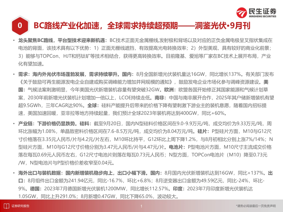 民生证券：洞鉴光伏行业·9月刊-BC路线产业化加速，全球需求持续超预期_第2页