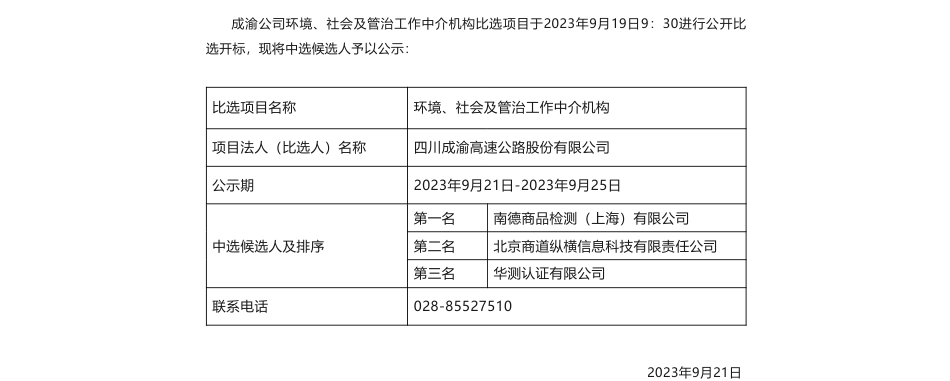 【中标】ESG咨询-四川成渝高速公路股份有限公司环境、社会及管治工作中介机构比选项目中选候选人公示-南德商品检测（上海）有限公司_第1页