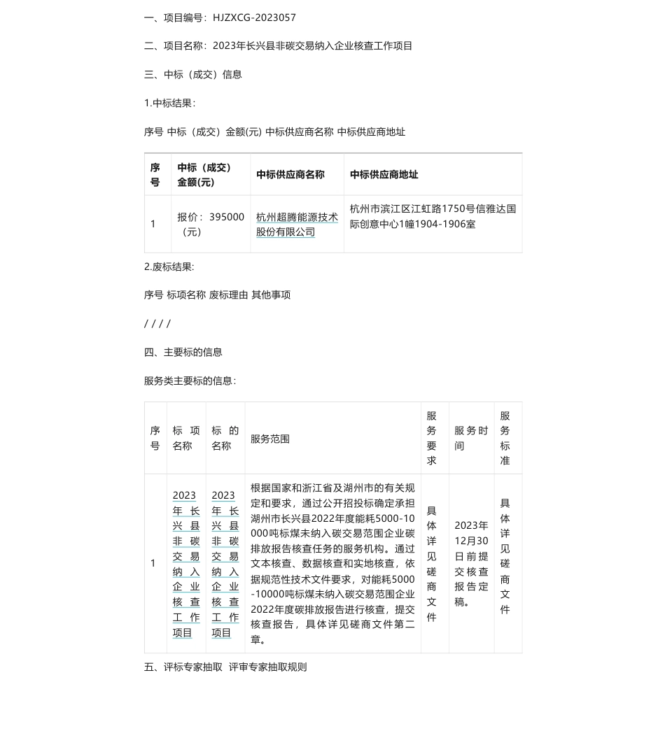 【中标】碳核查39.5万-2023年长兴县非碳交易纳入企业核查工作项目的竞争性磋商公告中标(成交)结果公告-杭州超腾能源技术股份有限公司_第1页