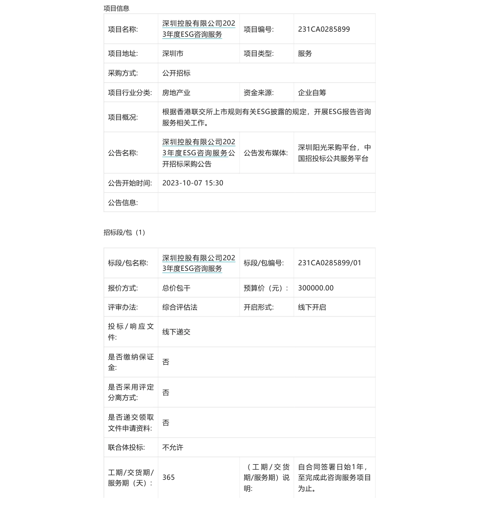 【招标】ESG咨询-深圳控股有限公司2023年度ESG咨询服务公开招标采购公告_第1页