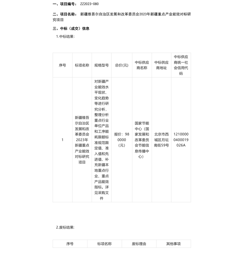 【中标】碳系统98万-新疆维吾尔自治区发展和改革委员会2023年新疆重点产业能效对标研究项目中标(成交)结果公告-国家节能中心（国家发展和改革委员会节能信息传播中心）_第1页